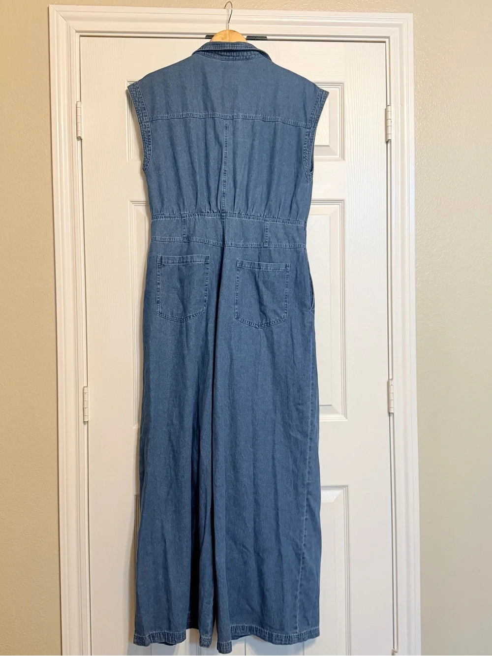 Sleeveless Denim Jumpsuit in Medium Blue